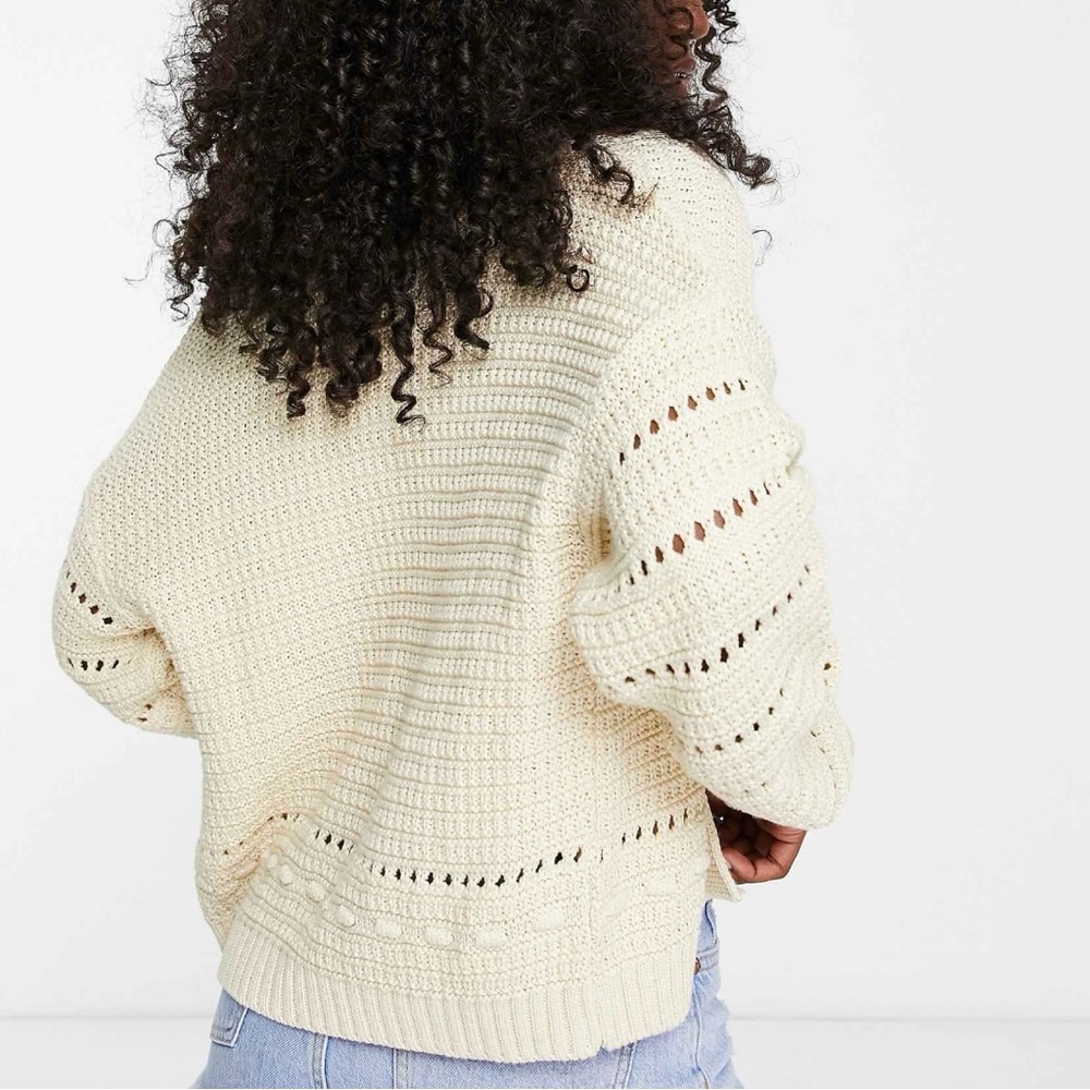 ASOS Design Crochet Stitch Cropped Open Cardigan in Cream Cotton Size 6 - Picture 4 of 8